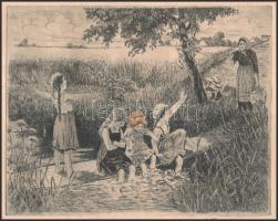 Olvashatatlan jelzéssel: Pancsikoló kislányok. Színezett rézkarc, papír. 15x19 cm