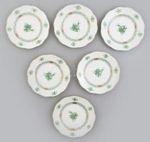 Herendi Apponyi mintás porcelán süteményes tányérok, 6 db, kézzel festett, jelzett, hibátlan, d: 16 cm