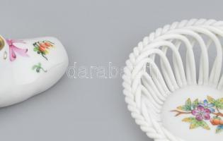 Herendi vegyes porcelán tétel, cipő, fonott kosár, tálka, kopásnyomokkal