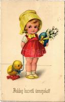 1929 Boldog húsvéti ünnepeket! / Easter greeting art postcard, girl with egg. Special B. 7326. (EK)