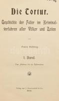 Franz Helbing: Die Tortur. Geschichte der Folter im Kriminalverfahren aller Völker und Zeiten. I. Band. Vom Altertum bis zur Reformation. II. Band: Von der Reformation biz zur Gegenwart. Berlin,én.,J. Gnadenfeld&Co., VII+266+2;4+266+2 p. Német nyelven. Szövegközti illusztrációkkal. Korabeli aranyozott gerincű félvászon-kötésben, kissé kopott