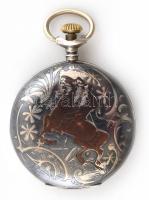 Tullius márkájú mechanikus férfi zsebóra, tula, aranyberakásos tokkal, fém számlappal, a tokon lovas...