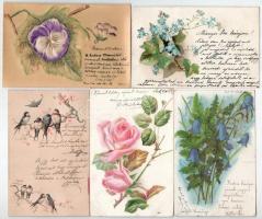 35 db régi virágos üdvözlő motívum képeslap vegyes minőségben: lithok és dombornyomottak / 35 pre-19...