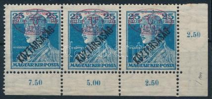 Debrecen I. 1919 Károly/Köztársaság 25f ívsarki 3-as csíkban eltolódott piros felülnyomással / Mi 59...