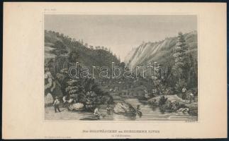 Aranymosók a Mokelumne folyónál, 1850 körül. Acélmetszet, papír. Ad. Rottmann metszése, jelzett a metszeten. 11x15,5 cm