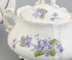 Régi, szecessziós kanna, kiöntő és cukortartó, porcelán, kopott, csorbával