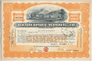 New York 1932. New York, Ontario és a Nyugati Vasút Társaság 25 részvénye 2500$-ról B74905 felülbélyegzésekkel, lyukasztással, perforációval érvénytelenítve T:III  USA / New York 1932. New York, Ontario and Western Railway Company 25 shares about 2500 Dollars B74905, invalidated by overstamps, punching and perforation C:F