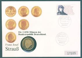 NSZK 1990J 2M (aranyozott) "Strauß" bélyeges érmés borítékon, ismertetővel T:1