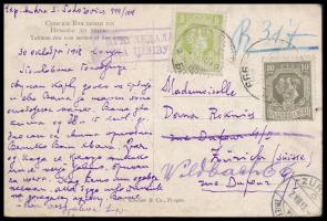 Szerbia 1918 Dekoratív ajánlott és cenzúrázott képeslap Svájcba küldve (hajtott / folded)