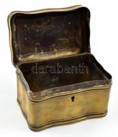Régi fém cukordoboz, kulccsal, működő zárral, kopásnyomokkal, 12,5×8×8 cm