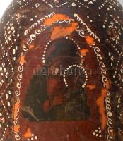 Antik nagy méretű orosz fa tojás, ikonképekkel díszítve, lepattanásokkal, repedéssel, m: 18 cm