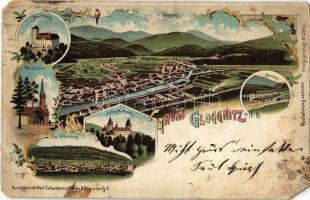 1898 (Vorläufer) Gloggnitz, Kranichberg, Maria Taferl, Silbersberg, Schloss Wartenstein, Bahnhof / general view, castle, church, railway station. Kunstanstalt Karl Schwidernoch Art Nouveau, floral, litho (b)