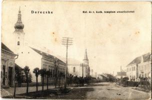 1925 Derecske, Református és római katolikus templom utca részlettel (EB)