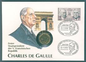 Franciaország 1988. 1Fr "Charles De Gaulle" (aranyozva) érmés borítékon, alkalmi bélyegzős NSZK bélyeggel, ismertetővel T:1