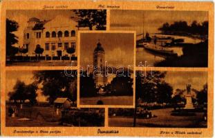 1943 Dunavecse, Járási székház, Református templom, Duna részlet, Teniszpálya a Duna partján, Fő tér, Hősök szobra, emlékmű (EK)