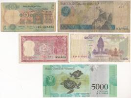 5db-os bankjegy tétel, benne Kambodzsa 2001. 100R, Venezuela 1998. 2000B, 2017. 5000B, India DN 2R, ...