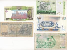 5db-os bankjegy tétel, benne Guinea 1960. 500Fr, Kenya 1987. 10Sh, Kenya 1997. 20Sh, Malawi 2005. 5K...
