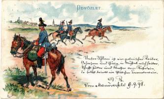 1898 (Vorläufer) Üdvözlet... / Austro-Hungarian K.u.K. military art postcard. litho (vágott / cut)
