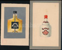 2 db alkoholos ital reklám terv, 1930 körül. Tempera, ceruza, papír. Jelzés nélkül, feltehetően Galambos Margit (?-?) grafikus alkotása. 12,5×8,5 és 17,5x10,5 cm. /