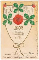 1906 Herzlichen Glückwunsch zum Neuen Jahre / New Year greeting art postcard with clovers. Emb. litho (EK)