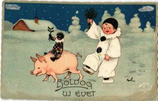 1924 Boldog Újévet / New Year greeting art postcard with pig and black child. HWB Ser. 2217. (ragasztónyom / glue marks)