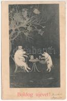 1899 (Vorläufer) Boldog Újévet! Kanitz C. és Fiai / New Year greeting art postcard with pigs (ázott sarkak / wet corners)