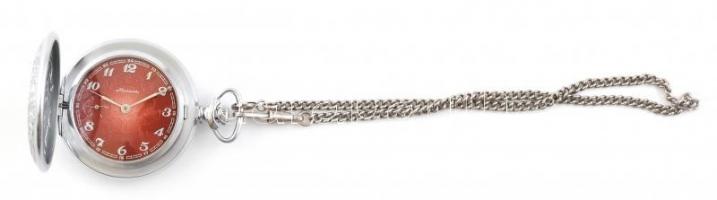 Molnija zsebóra óralánccal + óratartó doboz, jó állapotban, működik