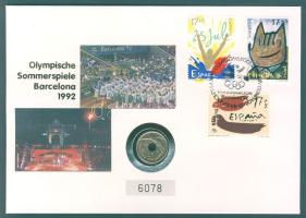 Spanyolország 1990. 25P "Barcelonai nyári olimpia" érmés borítékon, alkalmi bélyegzős bélyegekkel, ismertetővel T:1