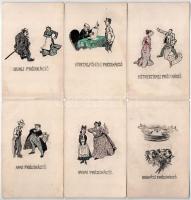 Prédikáció sorozat - 6 db régi saját kézzel rajzolt humoros képeslap / Preaching series - 6 pre-1945 hand-drawn postcards