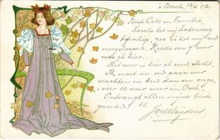 1903 Art Nouveau lady. Floral, litho (EK)