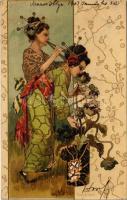 1903 Asian lady. Serie 660. Art Nouveau, floral, litho (Rb)