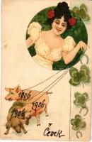 1906 Art Nouveau lady with pigs and clovers. Serie 324. litho (fl)