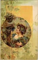 October / Art Nouveau lady. Theo. Stroefers Kunstverlag Aquarell-Postkarte Serie XXVIII. No. 10. Floral, litho