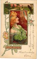 1901 Morgen. Meissner & Buch Künstler-Postkarten Serie 1096. Die vier Tageszeiten Art Nouveau lady, floral, litho s: F. G. (EK)