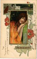 1902 Nacht. Meissner & Buch Künstler-Postkarten Serie 1096. Die vier Tageszeiten Art Nouveau lady, floral, litho s: F. G. (EK)