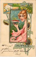 1901 Mittag. Meissner & Buch Künstler-Postkarten Serie 1096. Die vier Tageszeiten Art Nouveau lady, floral, litho s: F. G. (fl)