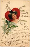 1906 Herzens-Grüsse / Art Nouveau lady with hearts. litho (fa)