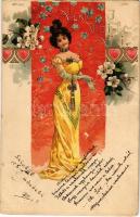 1899 (Vorläufer) Veni-Vidi-Vici / Art Nouveau lady with hearts. Floral, litho (r)