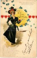 1907 Ich bin eine Wittwe / Art Nouveau lady with hearts. Floral, litho (EB)