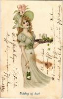 1905 Boldog Újévet! / Lady with New Year greeting, clovers and champagne. B.K.W.I. 2585c 6. litho s: Ludwig Rauh (EK)