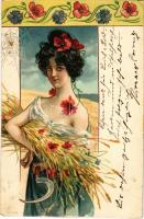 Art Nouveau lady with sickle and spider web. Serie 366. Floral, litho (EK)