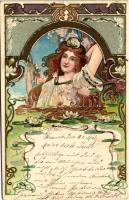 1901 Art Nouveau lady. Floral, litho (szakadás / tear)
