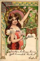 1902 Art Nouveau lady. Floral, litho (kopott sarkak / worn corners)