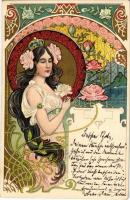 1900 Art Nouveau lady. Floral, litho (Rb)