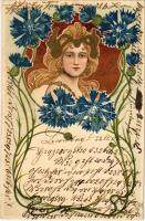 1901 Art Nouveau lady. Floral, litho