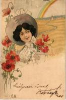 1899 (Vorläufer) Art Nouveau lady. Floral, litho (b)