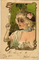 1900 Art Nouveau lady with champagne. litho (fa)