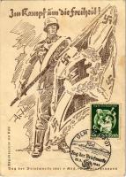 1941 Tag der Briefmarke Im Kampf um die Freiheit! / WWII Day of the German Stamp, NSDAP German Nazi Party propaganda, swastika s: Axster-Heudtlass + Tag der Briefmarke 12. 1. 1941. ULM (DONAU) So. Stpl. (non PC) (fa)