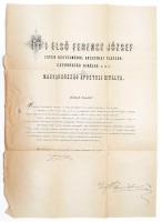 1910 Országgyűlési meghívó. Ferenc József (1830-1916) király és gróf Khuen-Héderváry Károly (1849-1918) miniszterelnök által saját kezűleg aláírt meghívó az 1910. évi Országgyűlésre Besztercebánya városa részére. Papírfelzetes viaszpecséttel, hajtva. / Invitation for the National Assembly with autograph signatures of the Emperor Franz Joseph and Prime MInister Karoly Khuen-Hedervary 39x55 cm