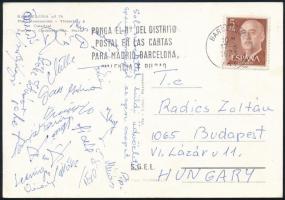 1973 Vasas labdarúgó csapat tagjainak autográf aláírásai: Várady Béla, Müller Sándor, Ihász Kálmán, Lakinger Lajos, Gass István, Lakinger Lajos, Szőke István, Török Péter stb., Barcelonából küldött képeslapon.